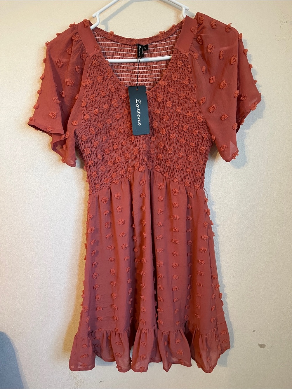 Zattcas Rust Textured Dot Smocked Dress